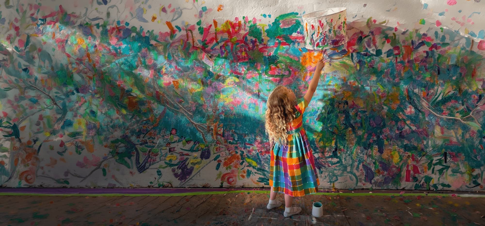 Girl painting onto a colourful wall at Smudge Artspace
